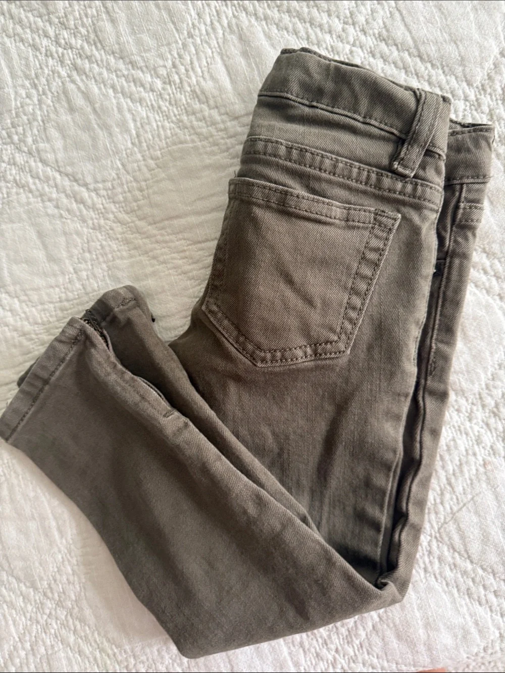 Lands end olive green skinny pencil leg jeans for toddler girls zipper sides 4